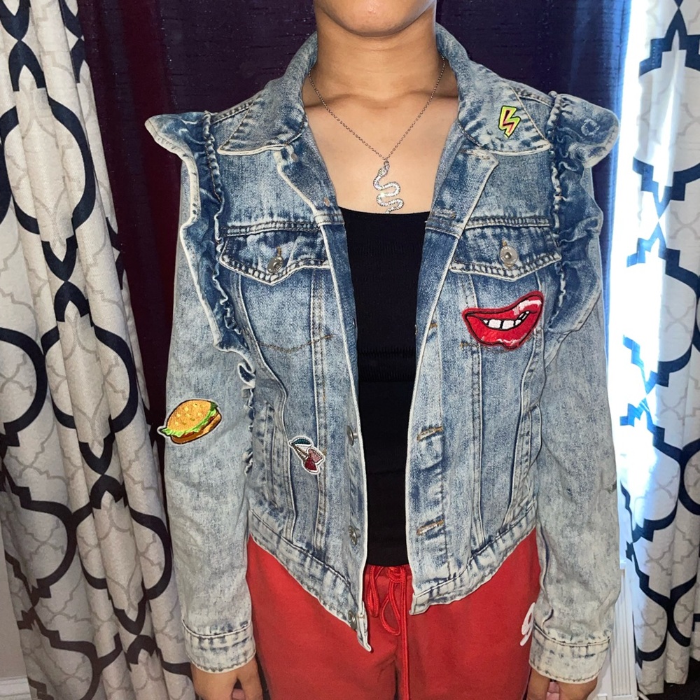 Denim Patch Jacket with sleeve ruffles  Worn but still in good condition